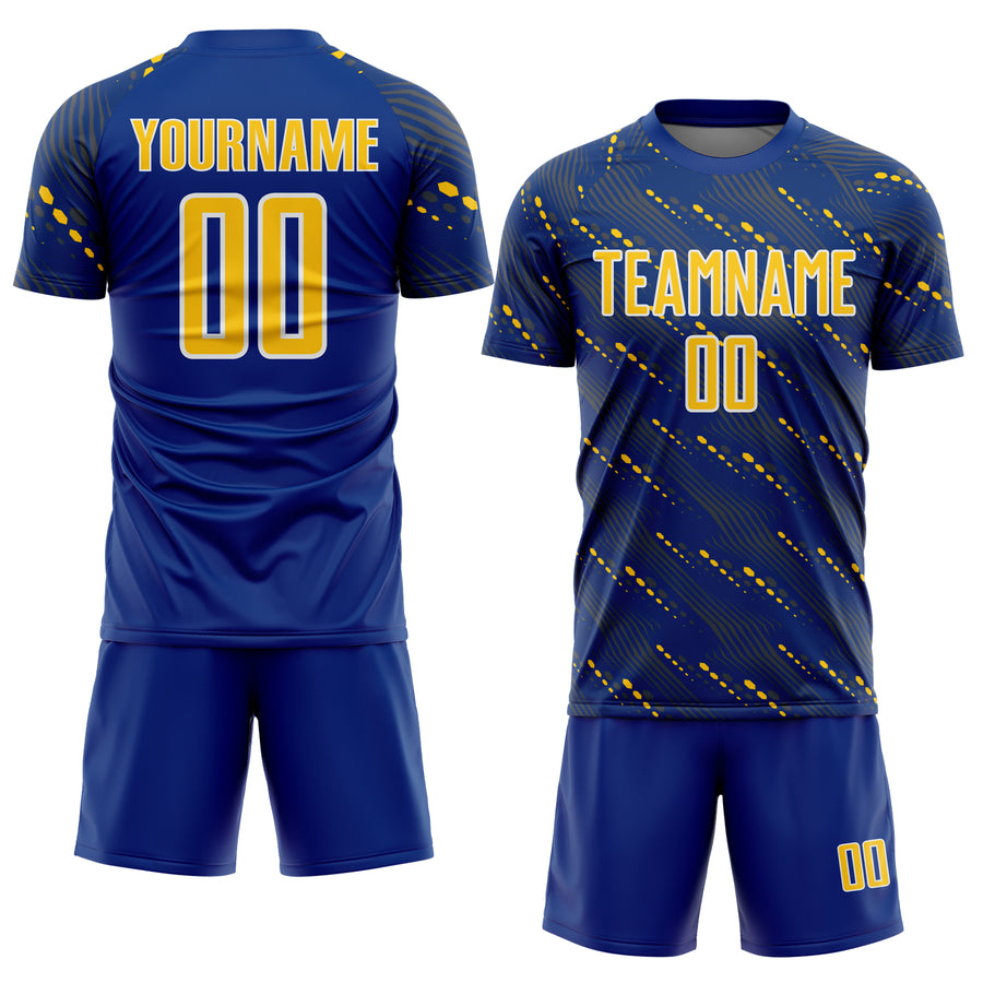 Custom Royal Yellow-White Slant Lines Sports Sublimation Soccer Uniform Jersey