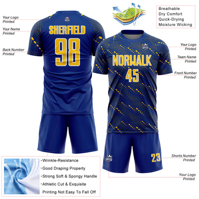 Custom Royal Yellow-White Slant Lines Sports Sublimation Soccer Uniform Jersey