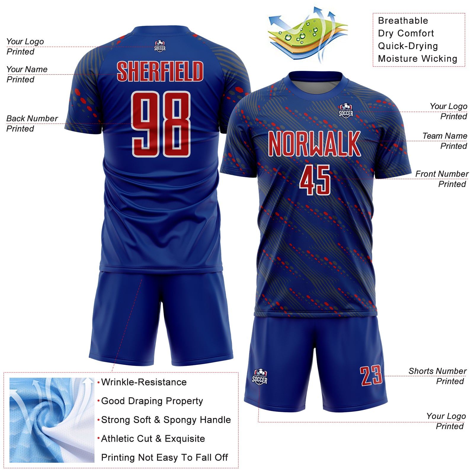 Custom Royal Red-White Slant Lines Sports Sublimation Soccer Uniform Jersey