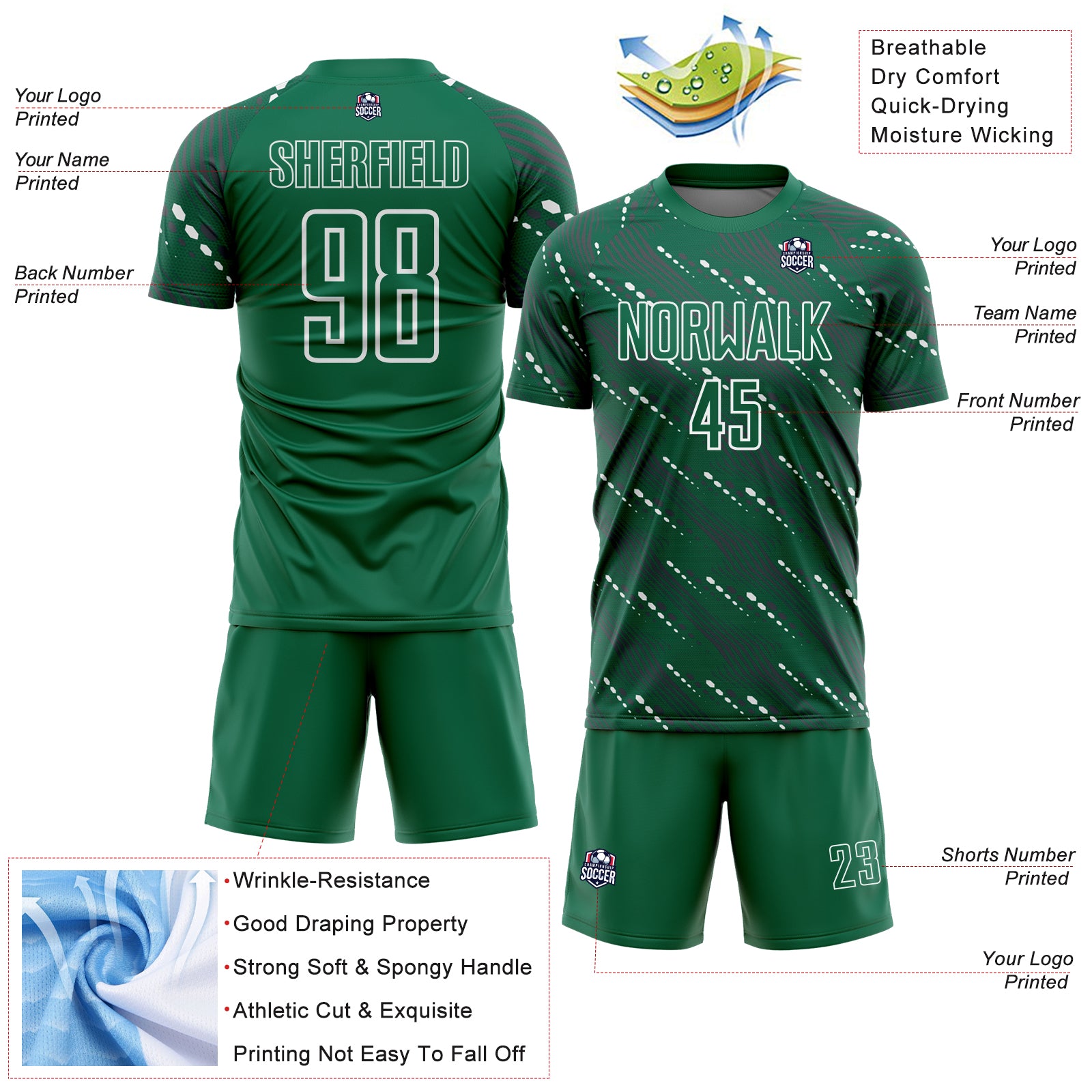 Custom Kelly Green White Slant Lines Sports Sublimation Soccer Uniform Jersey