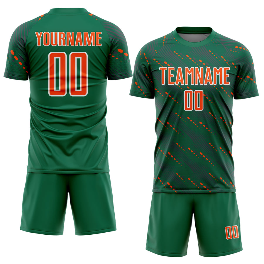 Custom Kelly Green Orange-White Slant Lines Sports Sublimation Soccer Uniform Jersey