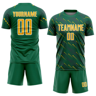 Custom Kelly Green Gold-White Slant Lines Sports Sublimation Soccer Uniform Jersey