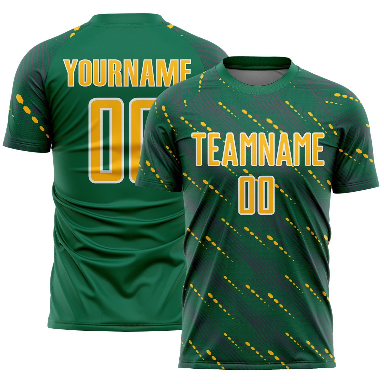 Custom Kelly Green Gold-White Slant Lines Sports Sublimation Soccer Uniform Jersey