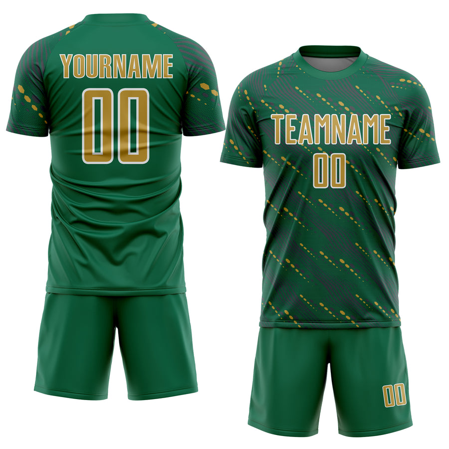 Custom Kelly Green Old Gold-White Slant Lines Sports Sublimation Soccer Uniform Jersey