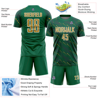 Custom Kelly Green Old Gold-White Slant Lines Sports Sublimation Soccer Uniform Jersey
