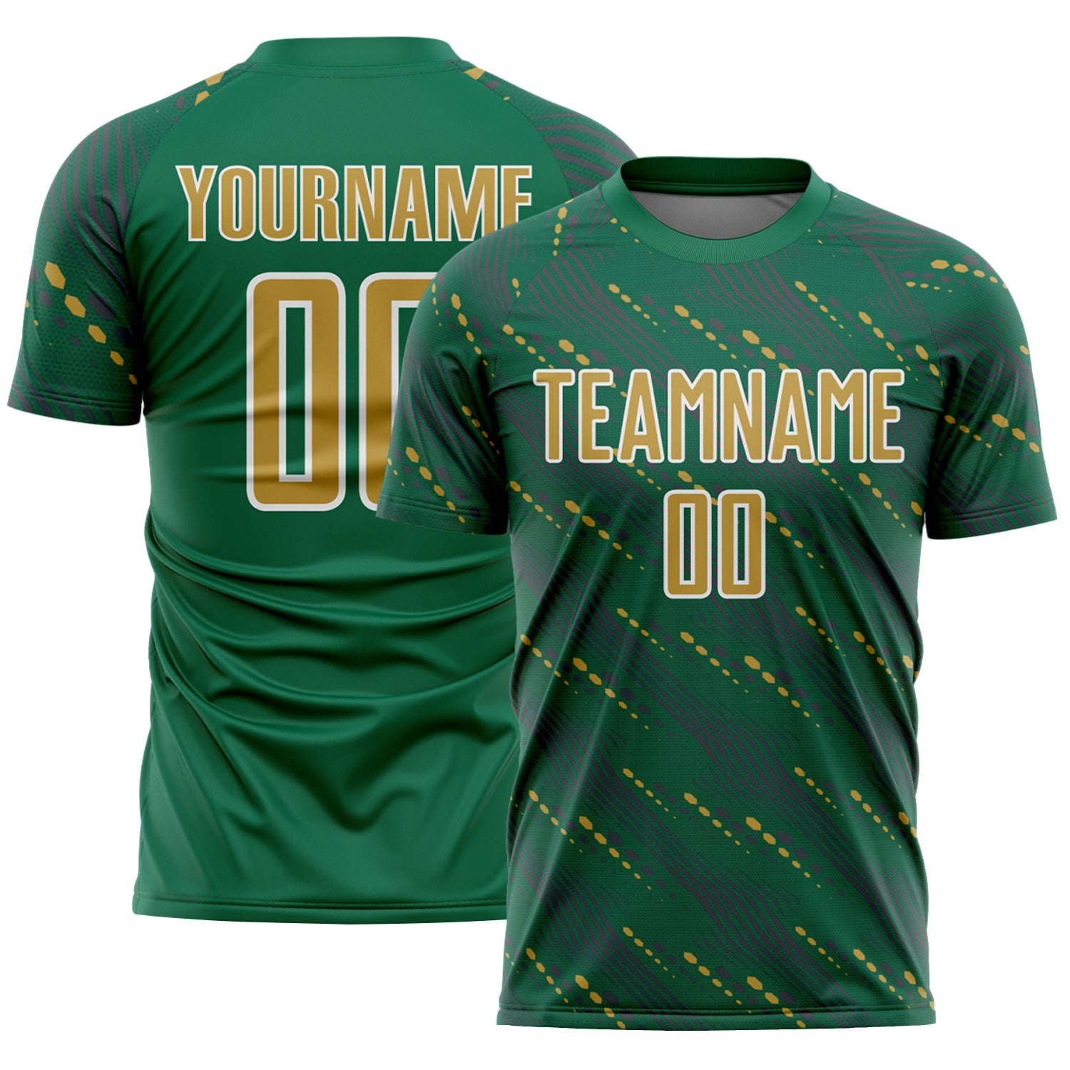 Custom Kelly Green Old Gold-White Slant Lines Sports Sublimation Soccer Uniform Jersey