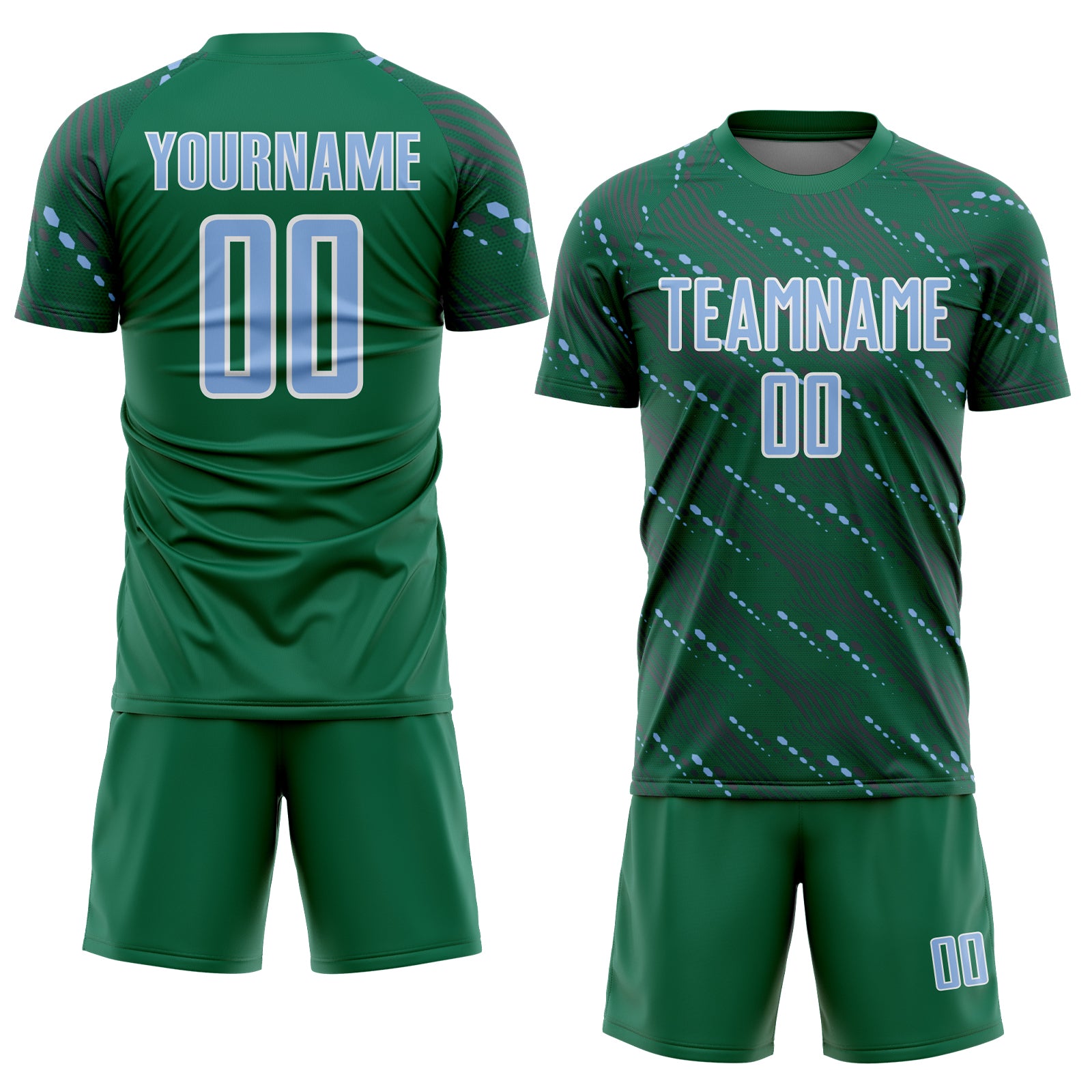 Custom Kelly Green Light Blue-White Slant Lines Sports Sublimation Soccer Uniform Jersey