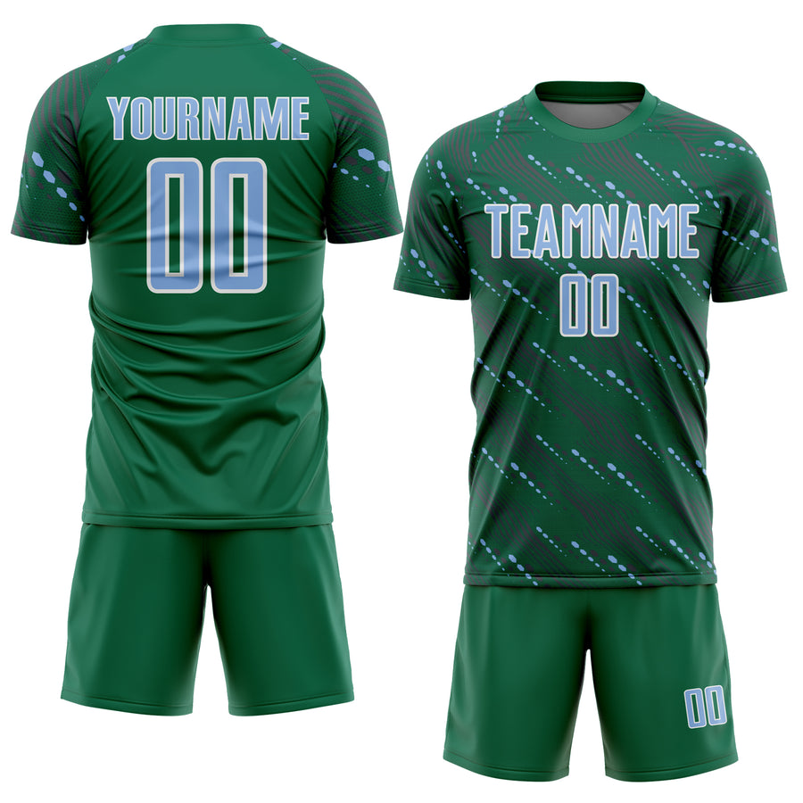 Custom Kelly Green Light Blue-White Slant Lines Sports Sublimation Soccer Uniform Jersey
