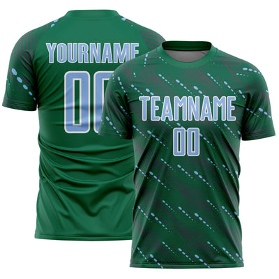 Custom Kelly Green Light Blue-White Slant Lines Sports Sublimation Soccer Uniform Jersey
