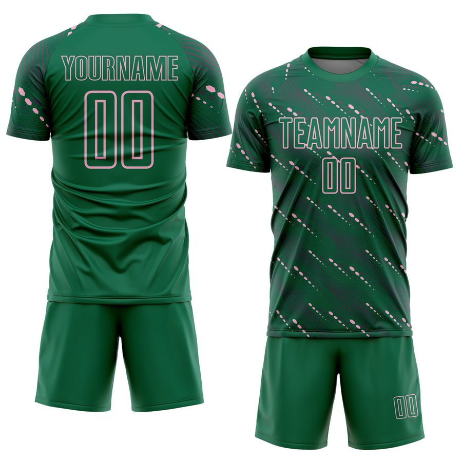 Custom Kelly Green Light Pink Slant Lines Sports Sublimation Soccer Uniform Jersey