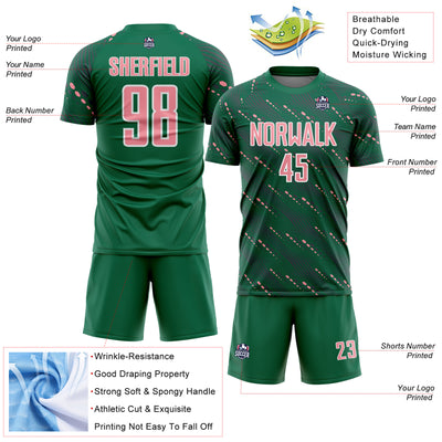 Custom Kelly Green Medium Pink-White Slant Lines Sports Sublimation Soccer Uniform Jersey