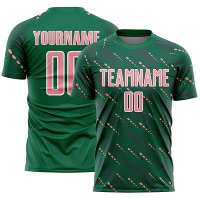 Custom Kelly Green Medium Pink-White Slant Lines Sports Sublimation Soccer Uniform Jersey