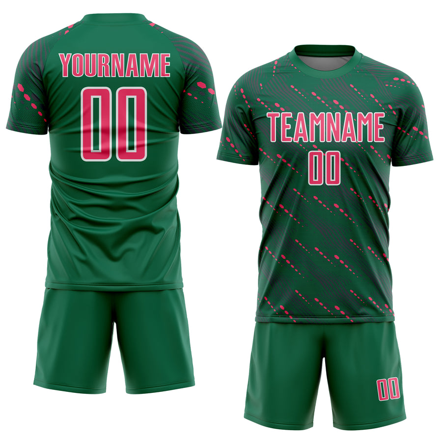 Custom Kelly Green Neon Pink-White Slant Lines Sports Sublimation Soccer Uniform Jersey