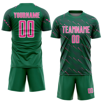Custom Kelly Green Pink-White Slant Lines Sports Sublimation Soccer Uniform Jersey