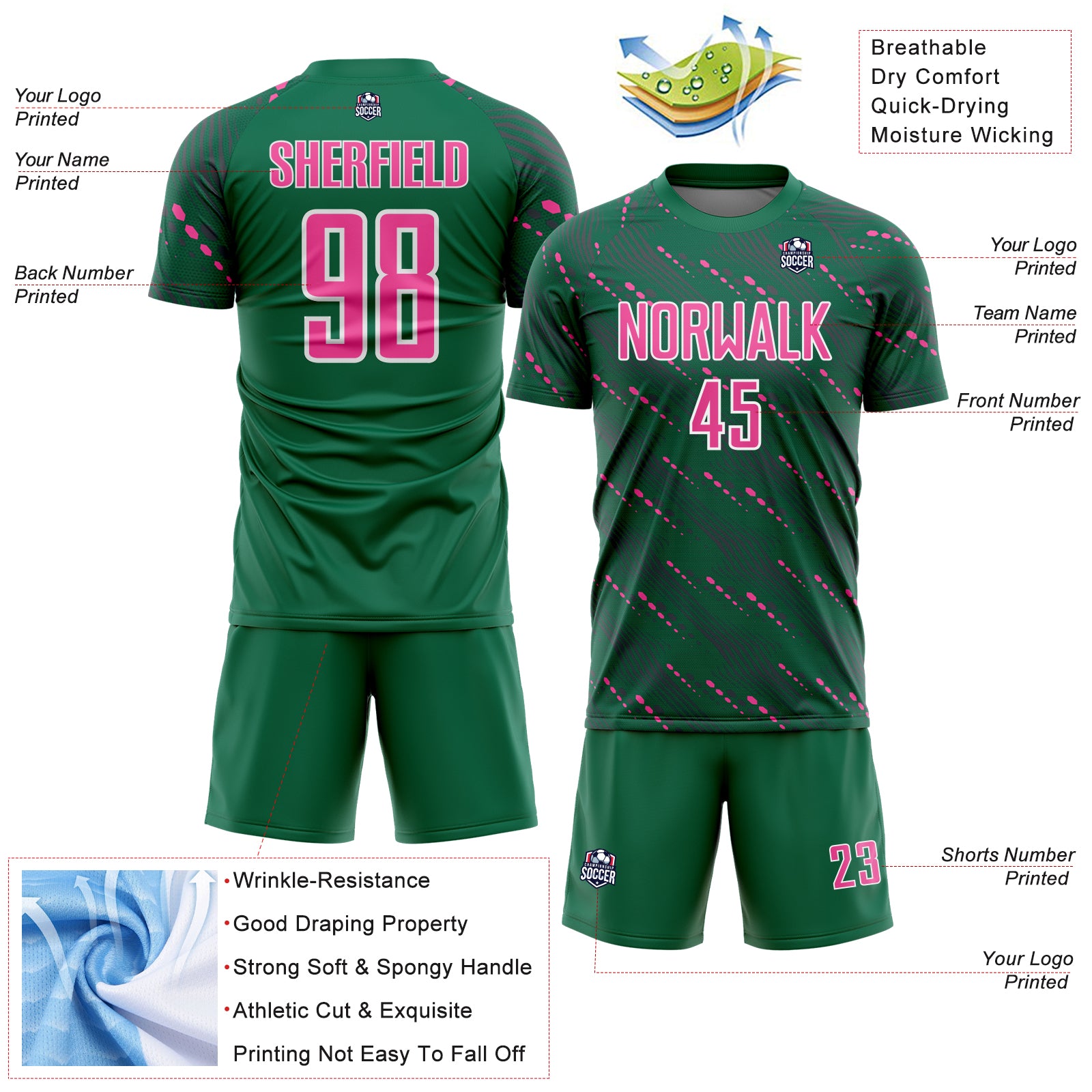 Custom Kelly Green Pink-White Slant Lines Sports Sublimation Soccer Uniform Jersey