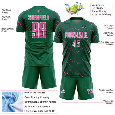 Custom Kelly Green Pink-White Slant Lines Sports Sublimation Soccer Uniform Jersey
