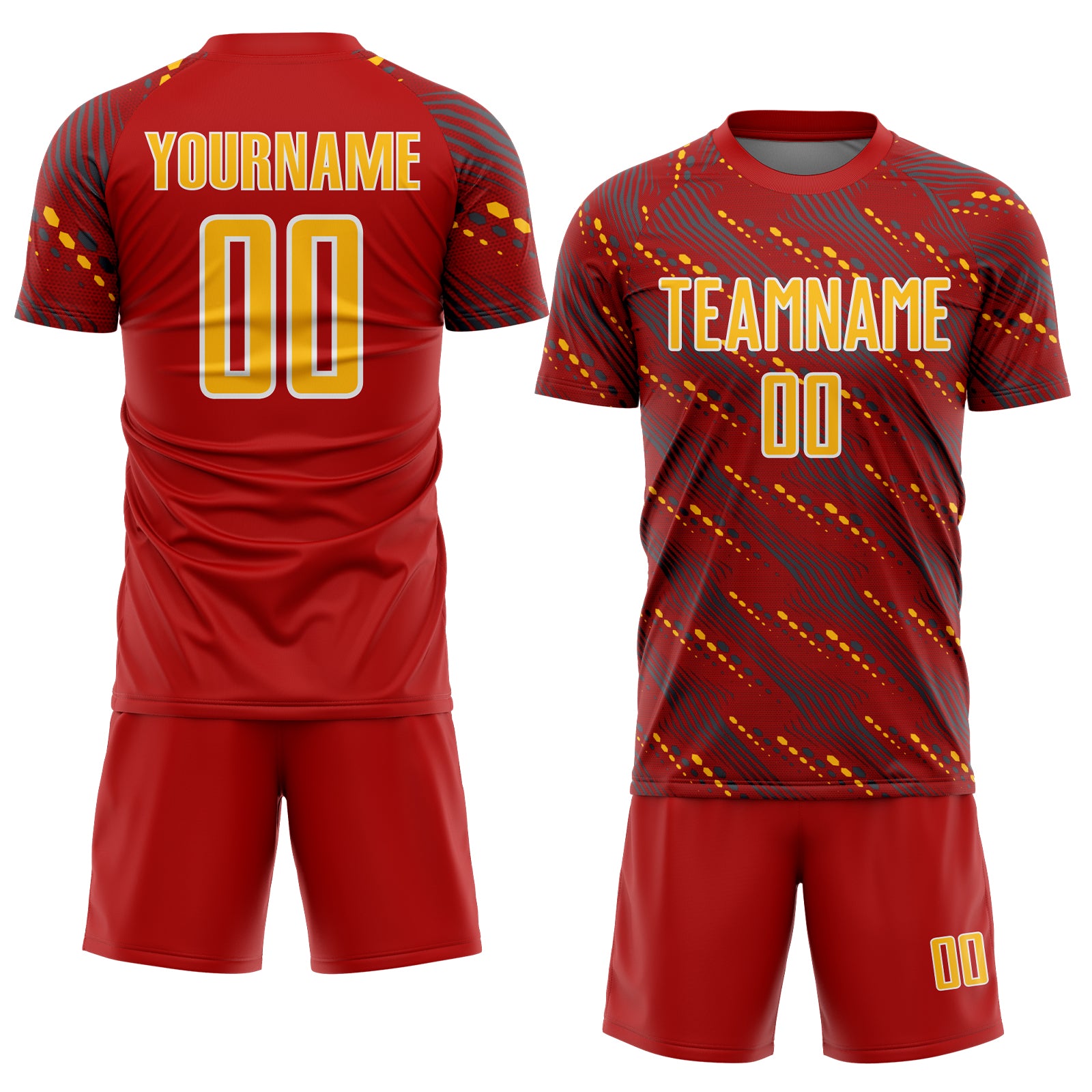 Custom Red Gold-White Slant Lines Sports Sublimation Soccer Uniform Jersey