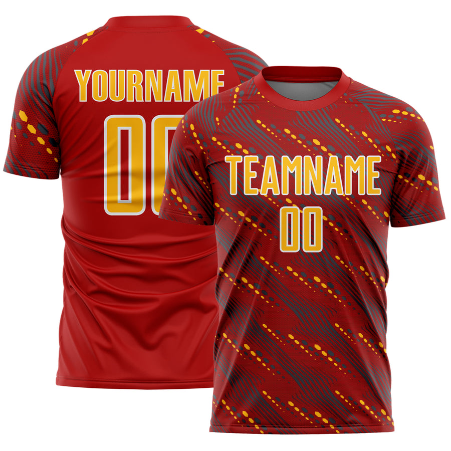 Custom Red Gold-White Slant Lines Sports Sublimation Soccer Uniform Jersey
