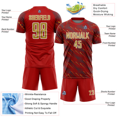 Custom Red Old Gold-White Slant Lines Sports Sublimation Soccer Uniform Jersey