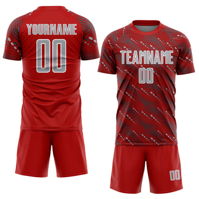 Custom Red Gray-White Slant Lines Sports Sublimation Soccer Uniform Jersey