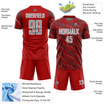 Custom Red Gray-White Slant Lines Sports Sublimation Soccer Uniform Jersey