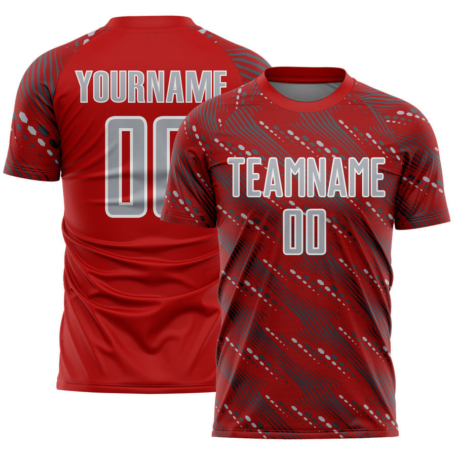 Custom Red Gray-White Slant Lines Sports Sublimation Soccer Uniform Jersey