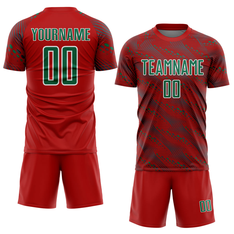 Custom Red Kelly Green-White Slant Lines Sports Sublimation Soccer Uniform Jersey
