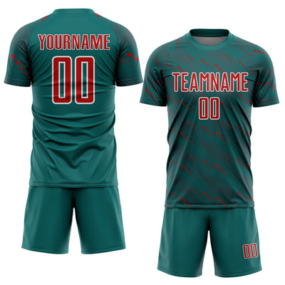 Custom Teal Red-White Slant Lines Sports Sublimation Soccer Uniform Jersey