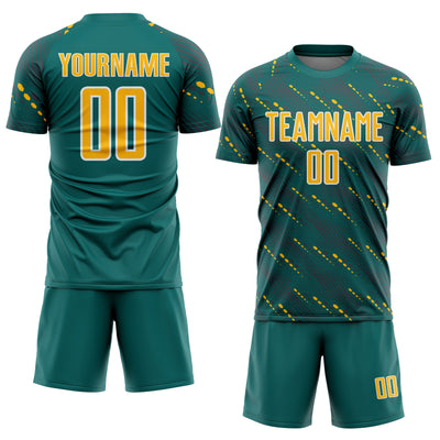 Custom Teal Gold-White Slant Lines Sports Sublimation Soccer Uniform Jersey