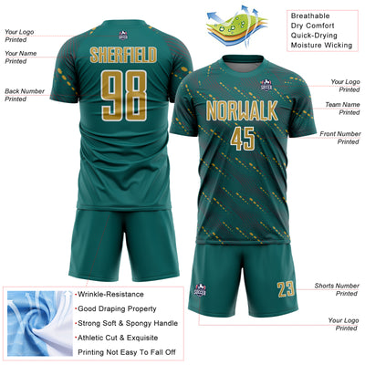 Custom Teal Old Gold-White Slant Lines Sports Sublimation Soccer Uniform Jersey