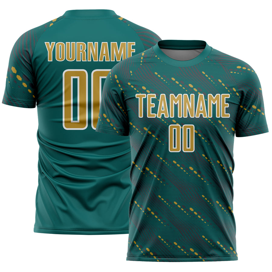 Custom Teal Old Gold-White Slant Lines Sports Sublimation Soccer Uniform Jersey