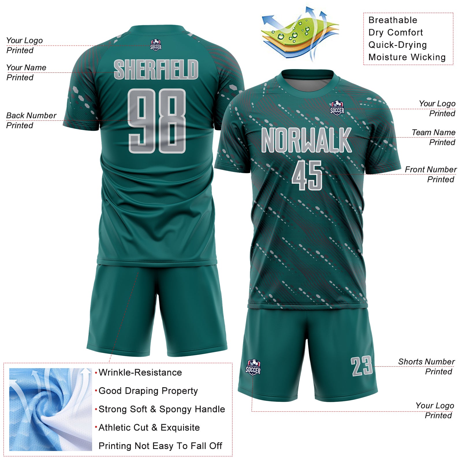 Custom Teal Gray-White Slant Lines Sports Sublimation Soccer Uniform Jersey