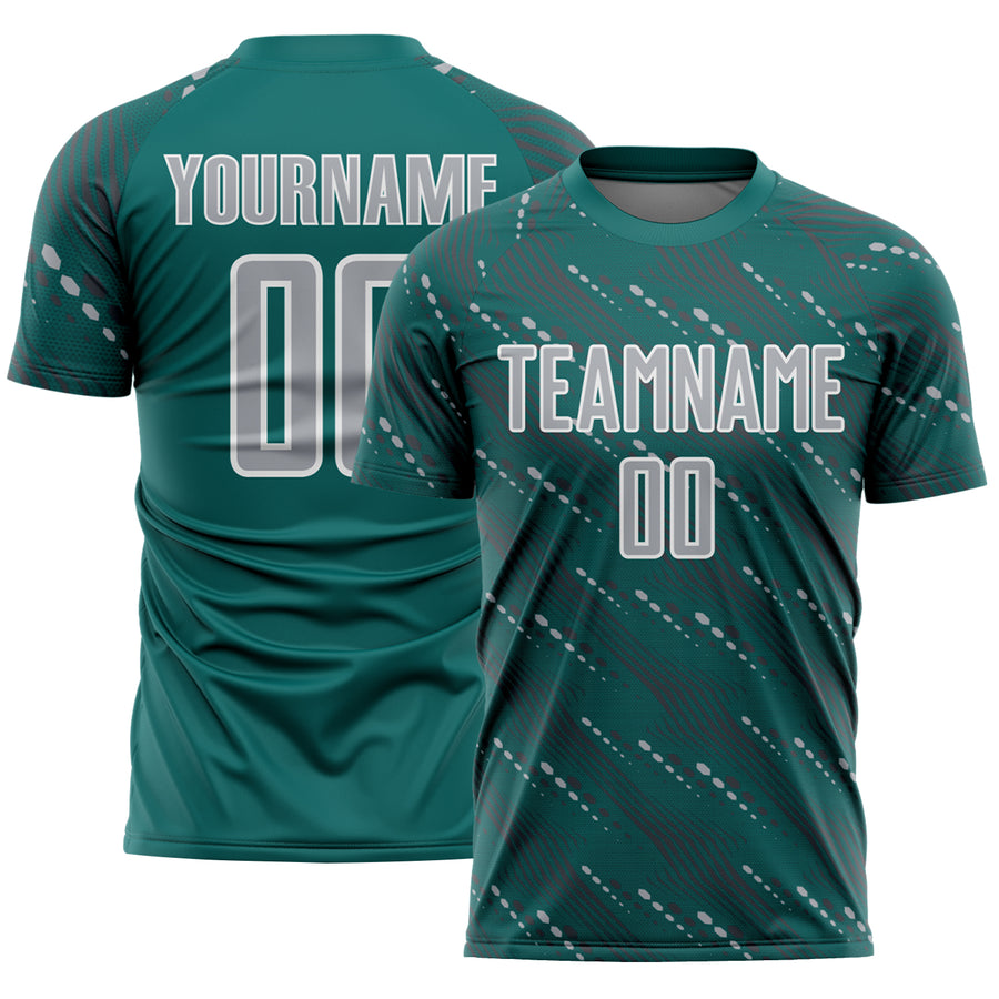 Custom Teal Gray-White Slant Lines Sports Sublimation Soccer Uniform Jersey