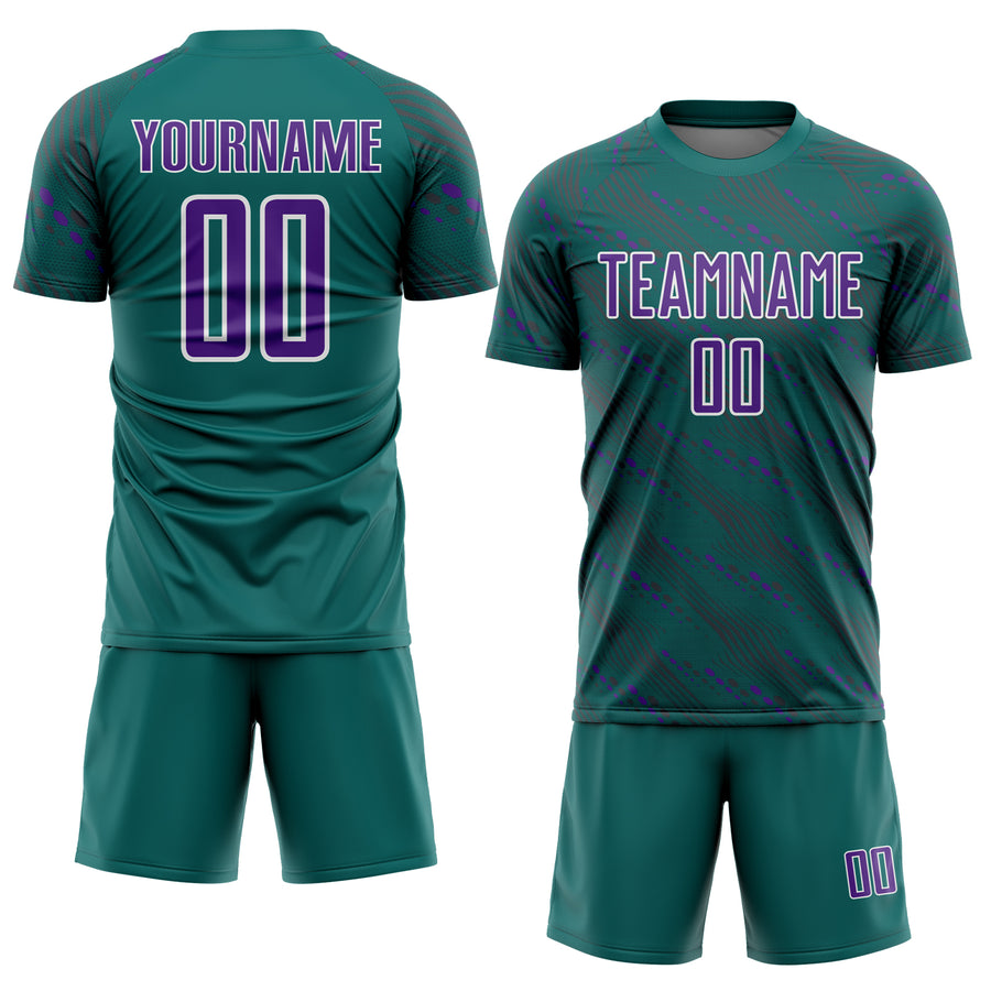 Custom Teal Purple-White Slant Lines Sports Sublimation Soccer Uniform Jersey