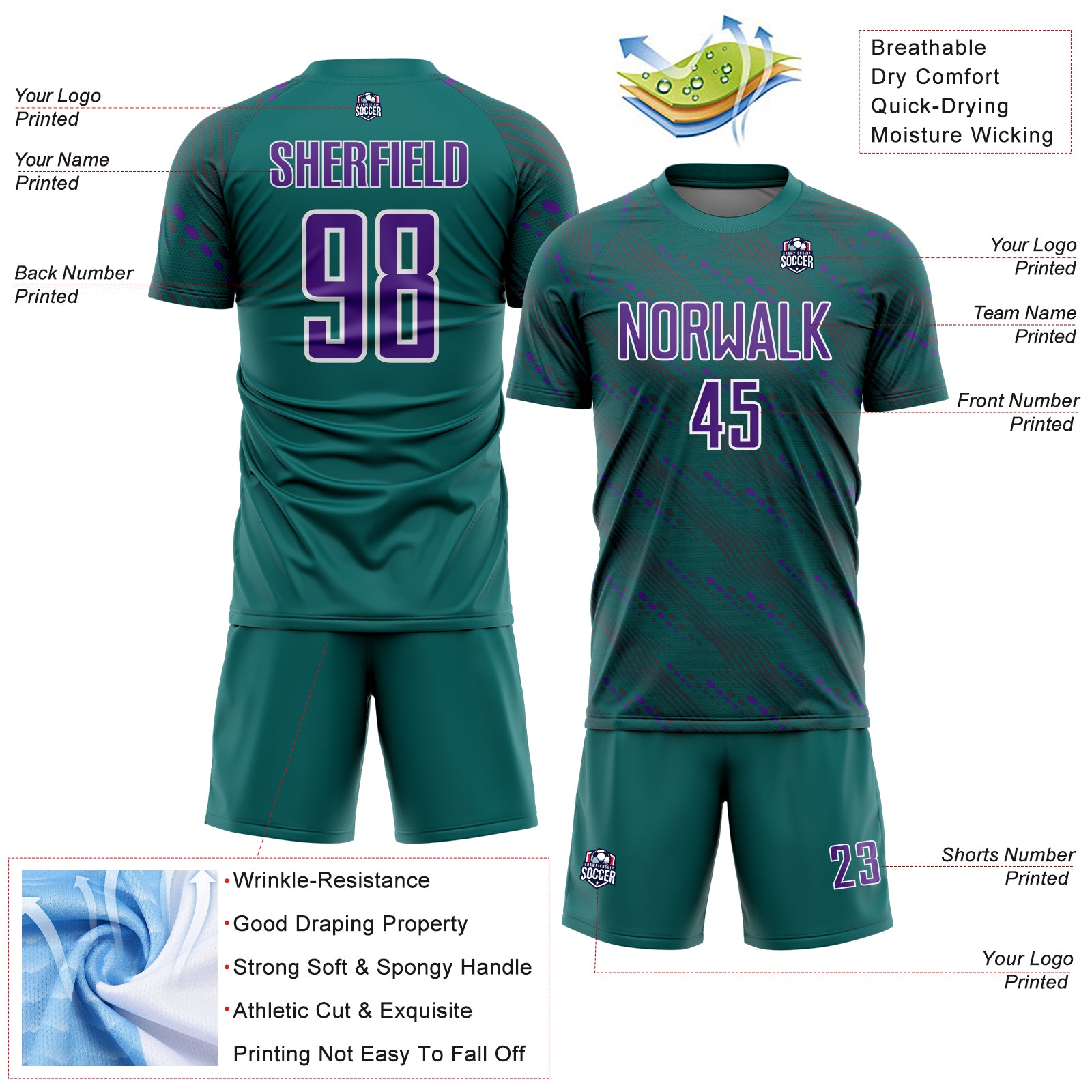 Custom Teal Purple-White Slant Lines Sports Sublimation Soccer Uniform Jersey