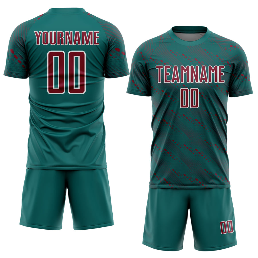 Custom Teal Crimson-White Slant Lines Sports Sublimation Soccer Uniform Jersey