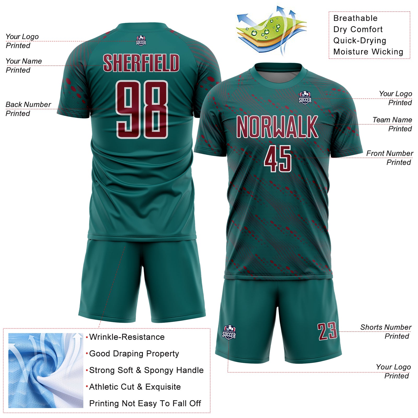 Custom Teal Crimson-White Slant Lines Sports Sublimation Soccer Uniform Jersey