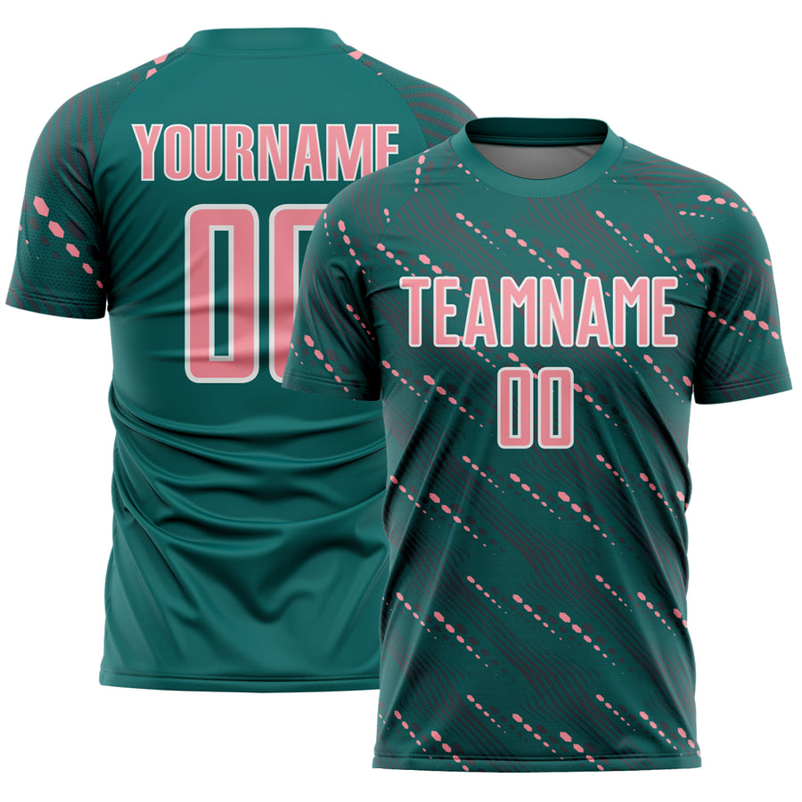 Custom Teal Medium Pink-White Slant Lines Sports Sublimation Soccer Uniform Jersey