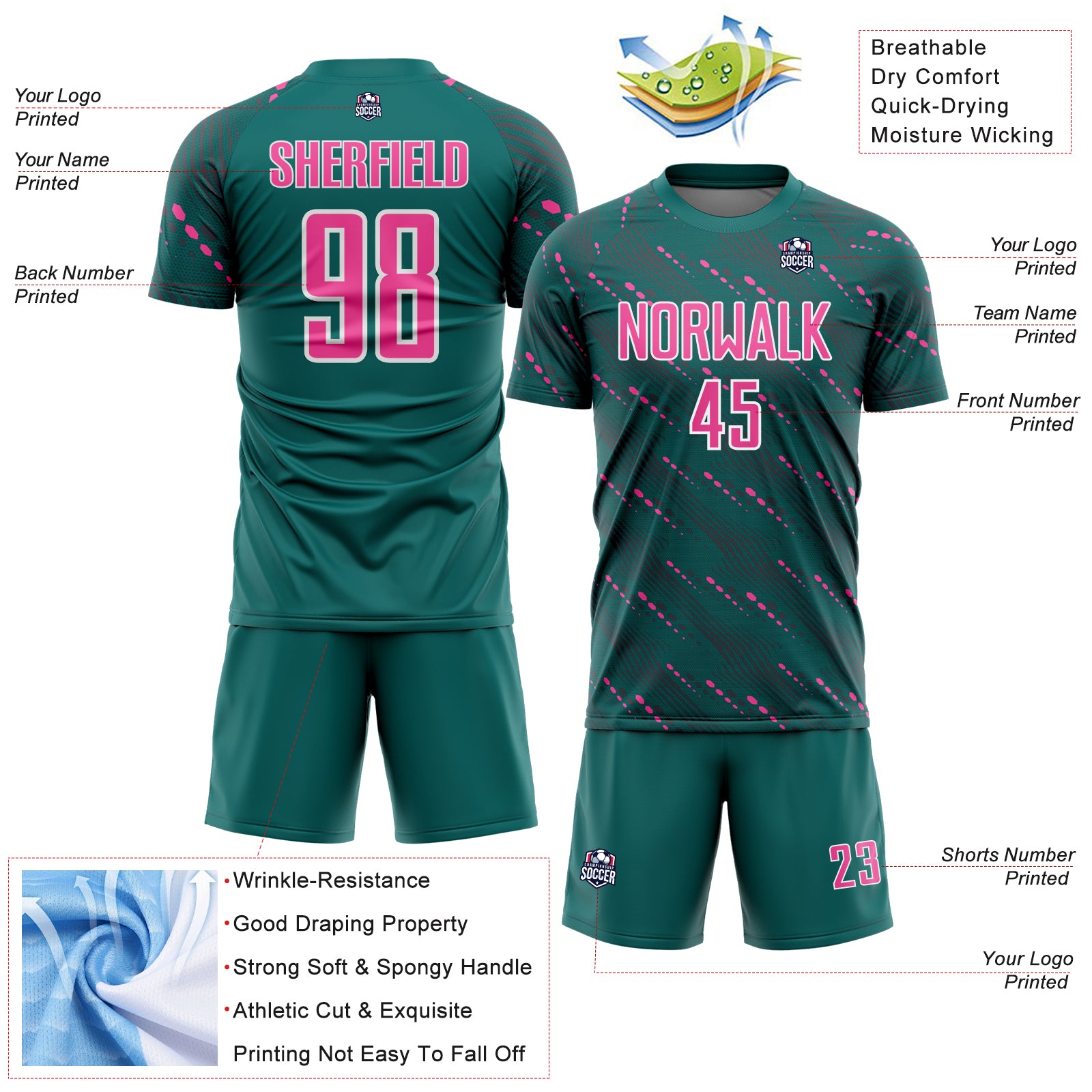 Custom Teal Pink-White Slant Lines Sports Sublimation Soccer Uniform Jersey