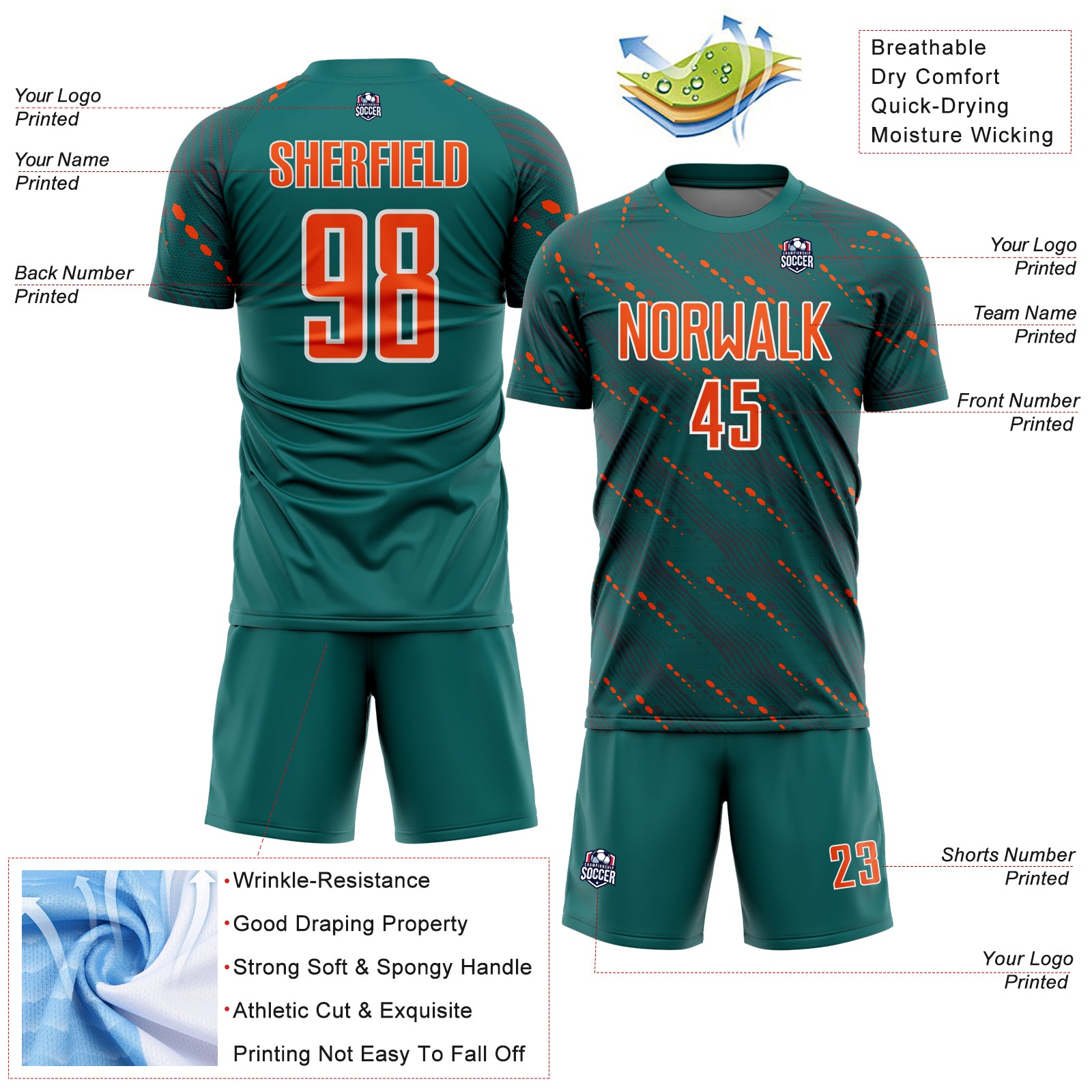 Custom Teal Orange-White Slant Lines Sports Sublimation Soccer Uniform Jersey