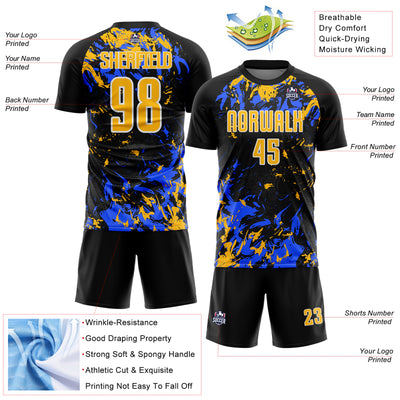 Custom Black Gold Royal-White Fluid Art Splash Sublimation Soccer Uniform Jersey
