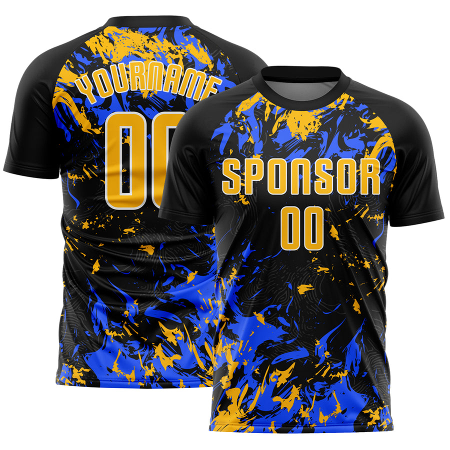Custom Black Gold Royal-White Fluid Art Splash Sublimation Soccer Uniform Jersey