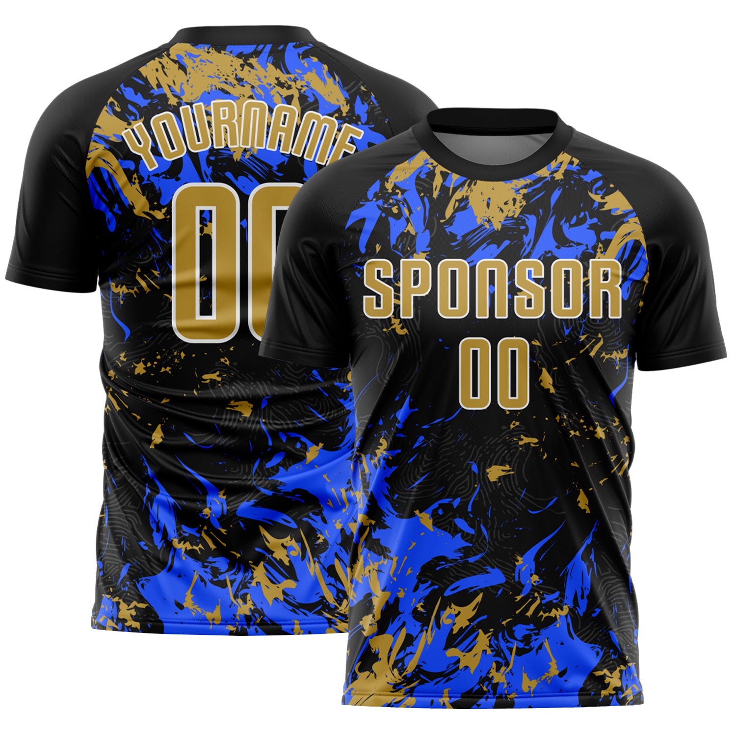 Custom Black Old Gold Royal-White Fluid Art Splash Sublimation Soccer Uniform Jersey