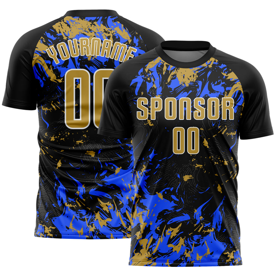 Custom Black Old Gold Royal-White Fluid Art Splash Sublimation Soccer Uniform Jersey