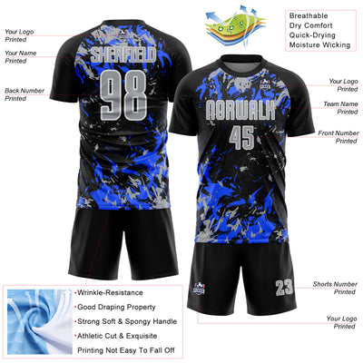 Custom Black Gray Royal-White Fluid Art Splash Sublimation Soccer Uniform Jersey