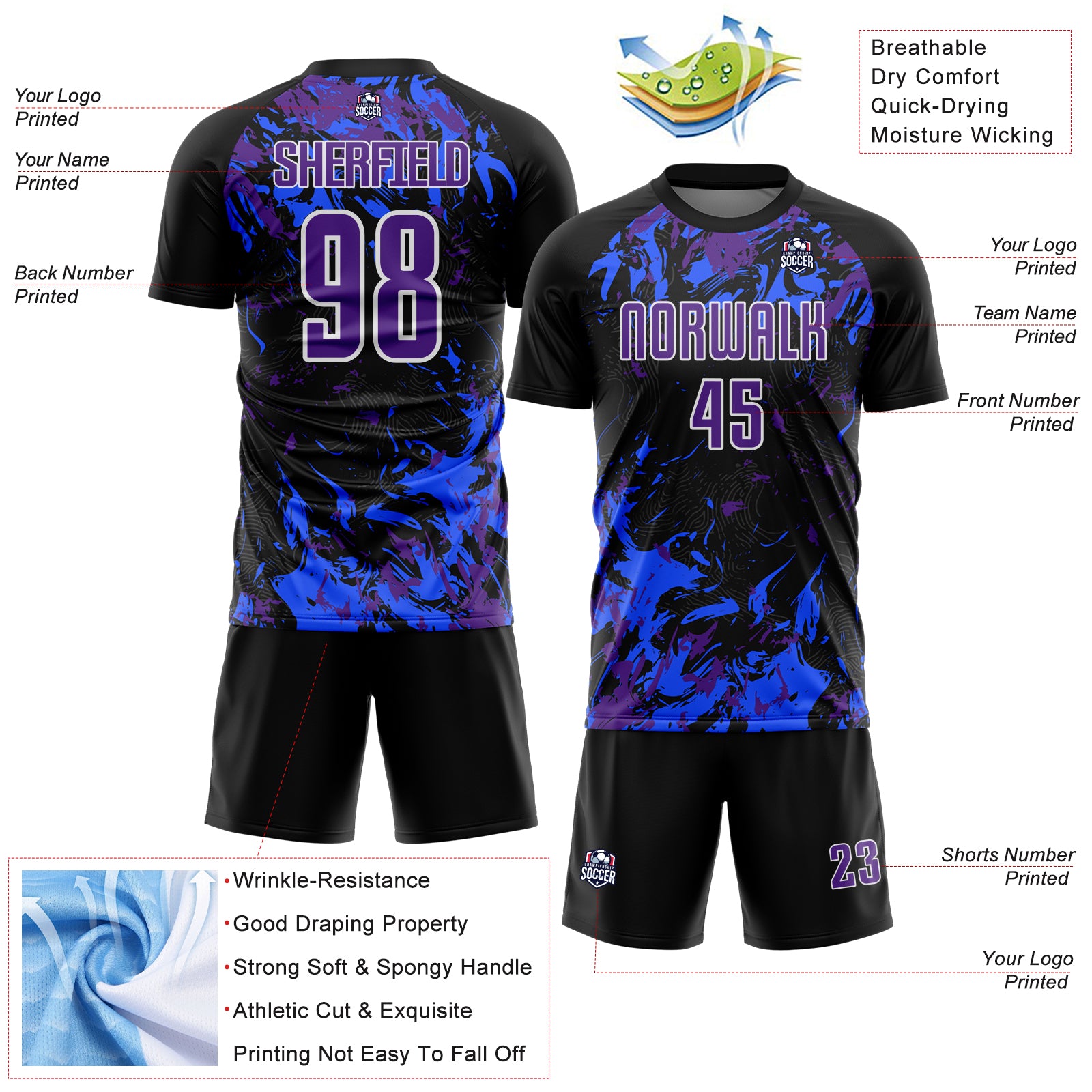 Custom Black Purple Royal-White Fluid Art Splash Sublimation Soccer Uniform Jersey