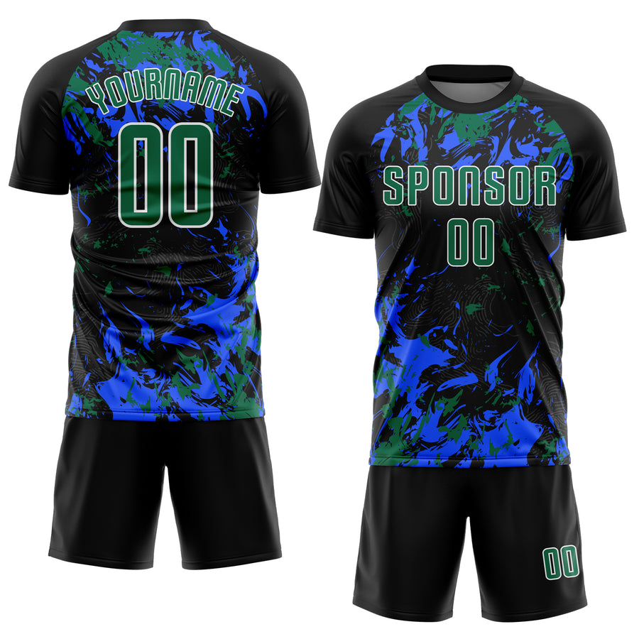 Custom Black Kelly Green Royal-White Fluid Art Splash Sublimation Soccer Uniform Jersey