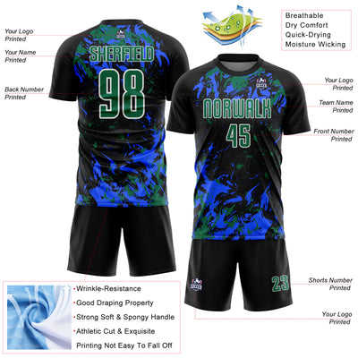 Custom Black Kelly Green Royal-White Fluid Art Splash Sublimation Soccer Uniform Jersey