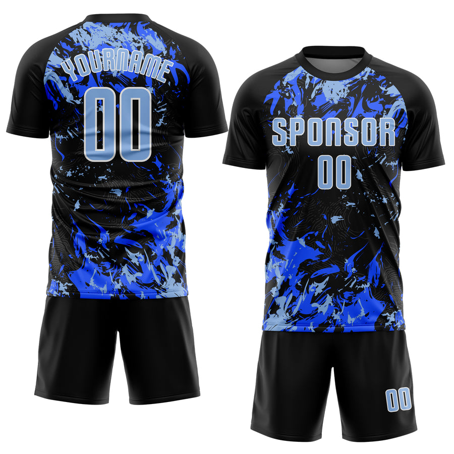 Custom Black Light Blue Royal-White Fluid Art Splash Sublimation Soccer Uniform Jersey