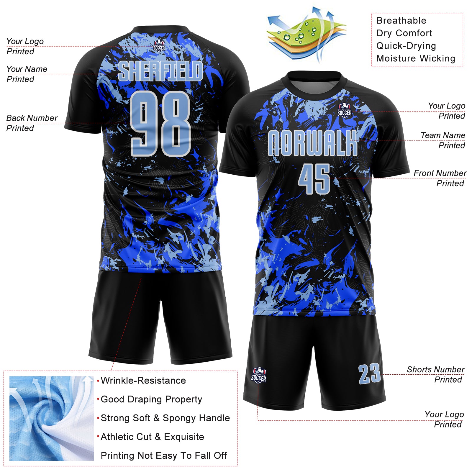 Custom Black Light Blue Royal-White Fluid Art Splash Sublimation Soccer Uniform Jersey